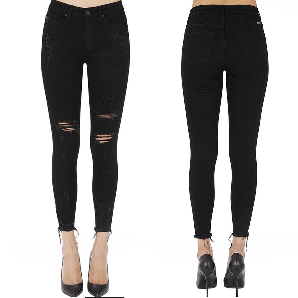 Distressed Denim Ankle Fray Black Skinny Jeans - Picture 5 of 9